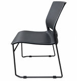 Side view of the black Soho stacking chair showing the steel frame
