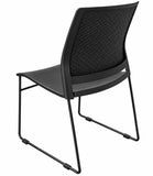 Diamond-pattern backrest of the black Soho stacking chair