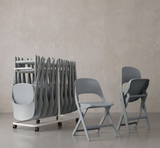 Nova Fold light gray folding chairs stored on a transport trolley