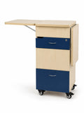 Newstar mobile classroom storage cabinet, maple and blue, three-quarter view