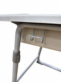 Student desk under-desk bag hook and storage detail
