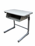 Height adjustable student desk, three-quarter view from the other side