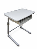 Height adjustable student desk, three-quarter view