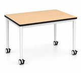 Mobile classroom desk with a rectangular top and lockable castors, on a white background
