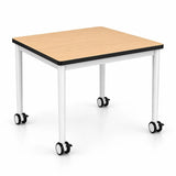 Mobile classroom desk with a square top and lockable castors, on a white background