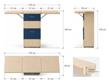 Newstar mobile classroom storage cabinet dimension drawing, 153 cm extended width, 105 cm high