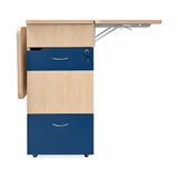 Newstar mobile classroom storage cabinet, side view with the right worktop extended