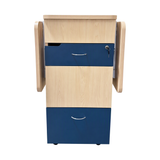 Newstar mobile classroom storage cabinet, front view with both side flaps folded up
