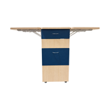 Newstar mobile classroom storage cabinet, front view with both worktops fully extended