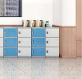 Blue and white modular ABS student lockers installed in a classroom