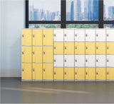 Yellow and white modular ABS student lockers installed in a classroom